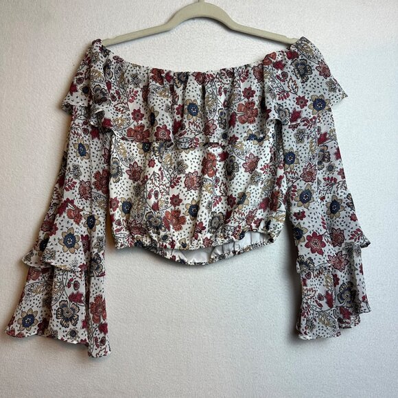 F21 Boho Crop Ruffle Blouse Off Shoulder Top Size Medium Floral Cottage Western - Picture 9 of 11